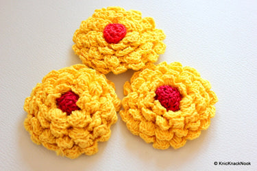 Yellow and Red Crochet Flower Applique x 1